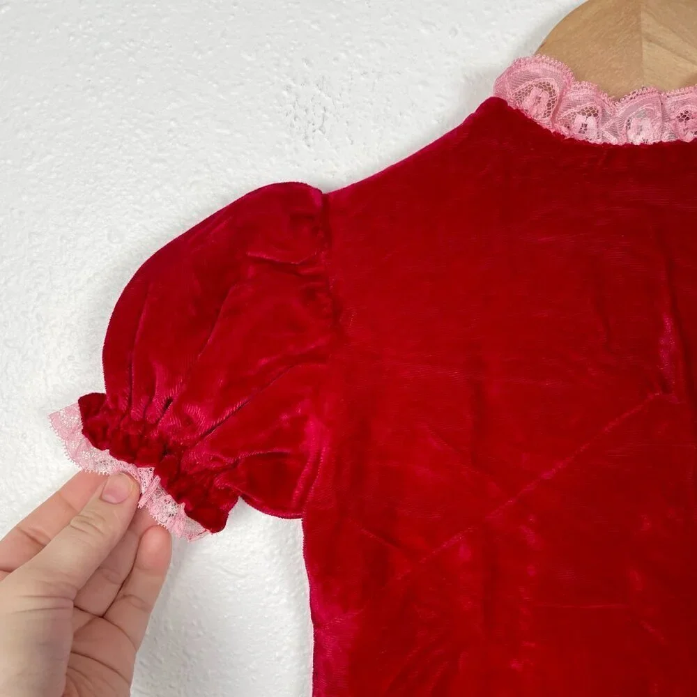 Vintage Little Girls Long Maxi Length Velvet Christmas Dress w. Bubble sleeves 6